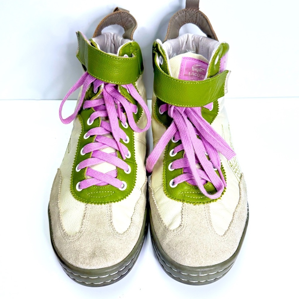 Lacoste Elite Men’s Edan Leather White Green Sneakers with Purple Laces Size 11